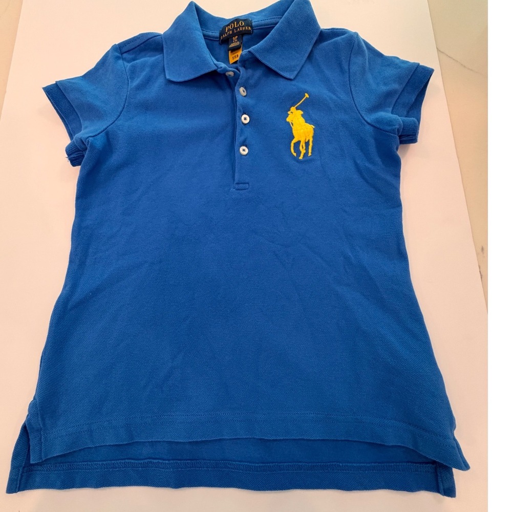 Polo Ralph Lauren Girls Blue Big Pony Stretch  Polo Shirt Size S 7 Yellow Logo